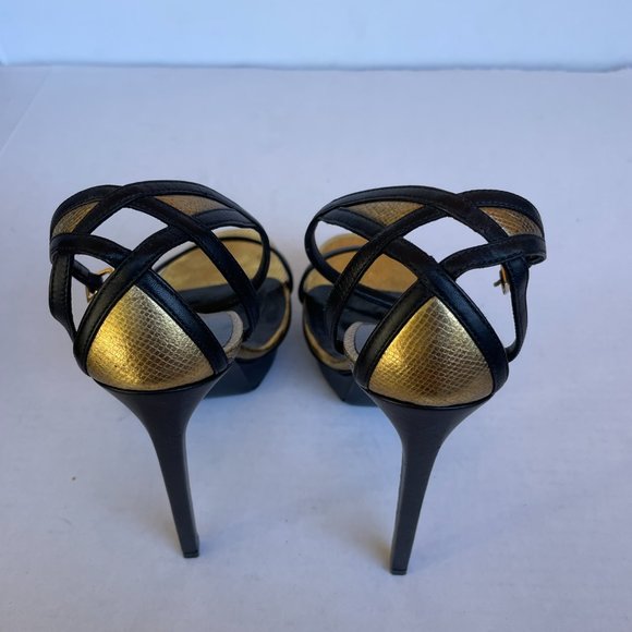 Saint Laurent Paris Platform Sandals 39.5 Gold/Black Leather Thin Ankle Strap - Picture 6 of 10